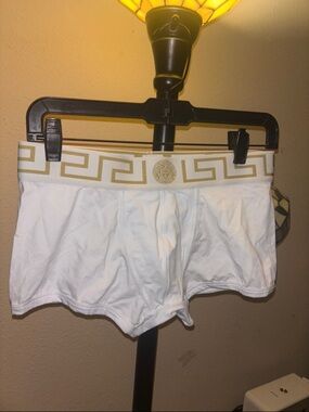 Versace White Men's Athletic Shorts with Gold Waistband